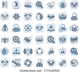 Blue tint and shade editable vector line icon set - handshake vector, hierarchy, pedestal, team, patient, basketball ball, group, user, company, hr, meeting, client search, gear, friends, consumer