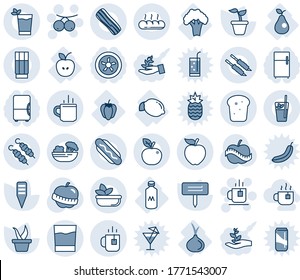 Blue tint and shade editable vector line icon set - hot cup vector, tea, rowanberry, seedling, plant label, diet, apple, lemon, sweet pepper, pear, onion, broccoli, milk, drink, phyto bar, salad