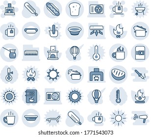 Blue tint and shade editable vector line icon set - coffee machine vector, fireplace, tea, fire, thermometer, sun, air conditioner, bread, steak, hot dog, bowl, steaming pan, turkish, water heater
