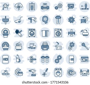 Blue tint and shade editable vector line icon set - coffee machine vector, fork loader, metal detector gate, travolator, ripper, lawn mower, tomography, mri, atm, printer, copier, washer, gear, tool