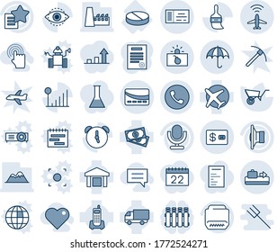 Blue tint and shade editable vector line icon set - plane radar vector, baggage conveyor, phone, insurance, ticket, terrorism, wheelbarrow, pill, cash, office, car delivery, warehouse, speaker, hdmi