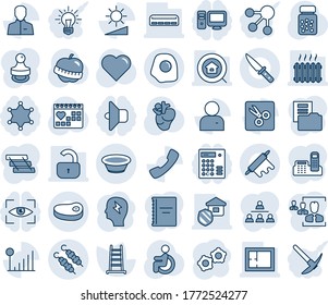 Blue tint and shade editable vector line icon set - gear vector, brainstorm, ladder, heart, pills bottle, disabled, real, medical calendar, diet, call, user, brightness, cut, cellular signal, hr, pc