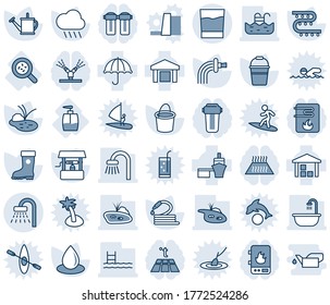 Blauer Farbton und Schatten bearbeitbare Vektorsymbol-Set - Duschvektorsymbol, Tränkdose, Eimer, Kofferraum, Wassertropfen, Regen, Brunnen, Schlauch, Teich, Tropfbewässerung, Bakterien, flüssige Seife, Seehafen, Regenschirm, Pool