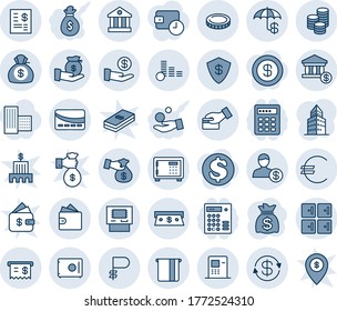 Blue tint and shade editable vector line icon set - safe vector, checkroom, money bag, euro, ruble, coin, dollar exchange, insurance, bank, account, atm, receipt, cash, statement, investment, wallet