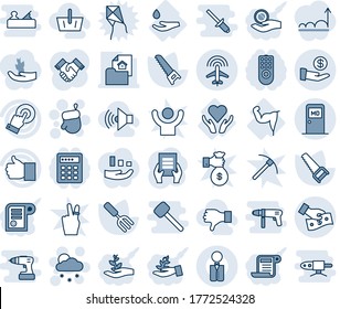 Blue tint and shade editable vector line icon set - medical room vector, plane radar, christmas glove, snowfall, document, garden fork, saw, power hand, heart care, drop, touch screen, finger up