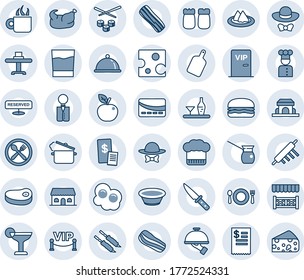 Blue tint and shade editable vector line icon set - waiter vector, cook, dish, alcohol, restaurant table, serviette, cafe, hat, reserved, drink, cocktail, coffee, bacon, salt and pepper, building