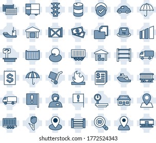 Blue tint and shade editable vector line icon set - navigation vector, pin, railroad, important flag, store, cash, traffic light, support, sea shipping, truck trailer, cargo container, car delivery