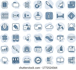 Blue tint and shade editable vector line icon set - satellite antenna vector, escalator, signpost, reception, down, no smoking sign, hotel, identity card, book, pen, document reload, radio phone