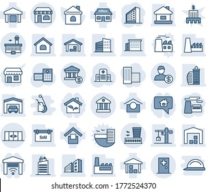 Blue Tint And Shade Editable Vector Line Icon Set - Shop Vector, Airport Building, Automatic Doors, First Aid Room, Office, Factory, House, Hospital, Store, Warehouse Storage, Bank, Account, Garage