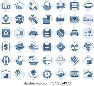 Blue tint and shade editable vector line icon set - baggage vector, travolator, truck, route, pin, railroad, plane, satellite, cash, traffic light, 24 hours, support, client, mobile tracking, clock