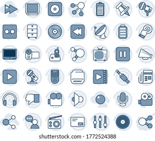 Blue tint and shade editable vector line icon set - satellite antenna vector, vinyl, archive chest, microphone, radio, news, speaker, loudspeaker, tv, settings, video camera, remote control, phone