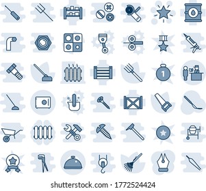 Blue tint and shade editable vector line icon set - passport control vector, christmas star, farm fork, rake, saw, hoe, scalpel, container, oil barrel, rack, application, safe, ink pen, heater, dish