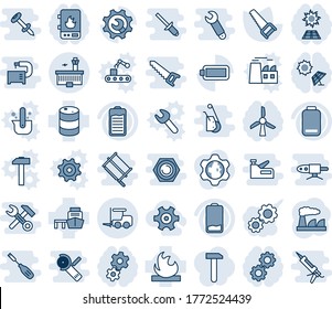 Blue tint and shade editable vector line icon set - fork loader vector, airport building, factory, saw, sea port, flammable, oil barrel, battery, low, root setup, gear, water heater, sun panel, work