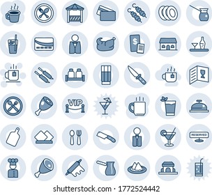 Blue tint and shade editable vector line icon set - spoon and fork vector, tea, coffee, waiter, cook, alcohol, serviette, cafe, wine card, reserved, reception, drink, cocktail, phyto bar, plates
