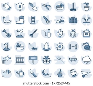 Blue tint and shade editable vector line icon set - fence vector, trowel, shovel, rake, ladder, seedling, watering can, sproute, pruner, glove, boot, saw, lady bug, fire, house, water drop, sun