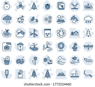 Blue tint and shade editable vector line icon set - clouds vector, storm, christmas tree, holly, flower in pot, plant label, seeds, caterpillar, pond, bird house, apple, tonometer, sweet pepper