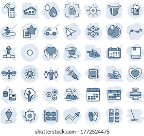 Blue tint and shade editable vector line icon set - sun vector, luggage storage, pennant, tree, heart, syringe, hand, tonometer, favorites list, calendar, pie graph, book, house with garage, pond