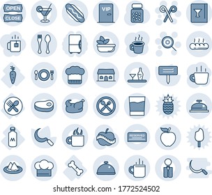 Blue tint and shade editable vector line icon set - hot cup vector, spoon and fork, lollipop, santa stick, coffee, sickle, plant label, pills bottle, diet, carrot, broken bone, plate, milk, waiter
