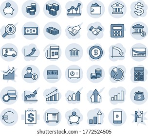 Blue tint and shade editable vector line icon set - safe vector, handshake, growth statistic, dollar sign, calculator, crisis graph, receipt, news, euro, coin, big cash, bank, account, piggy, wallet