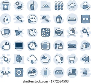 Blue tint and shade editable vector line icon set - taxi vector, passport control, airport building, tea, lollipop, candy, coffee, butterfly, garden light, heart diagnostic, tv, dialog, menu, record
