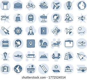 Blue tint and shade editable vector line icon set - airport tower vector, suitcase, train, globe, boarding, luggage scales, plane, departure, sign post, passport, building, sleigh, case, bike, route