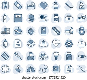 Blue tint and shade editable vector line icon set - first aid room vector, heart pulse, doctor case, diagnosis, stethoscope, syringe, blood pressure, microscope, scales, pills bottle, blister, patch