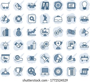 Blue tint and shade editable vector line icon set - handshake vector, gear, growth statistic, pedestal, office binder, document search, desk, notebook pc, meeting, drawing pin, bulb, circle chart