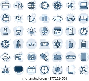 Blue tint and shade editable vector line icon set - cafe vector, airport bus, vip waiting area, duty free, case, mouse, camera, video, cell phone, monitor, account history, clock, office building