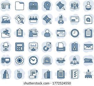 Blue tint and shade editable vector line icon set - ticket office vector, gear, mail, identity card, chair, mouse, desk, brainstorm, factory, statistic monitor, document reload, contract, phone, pc