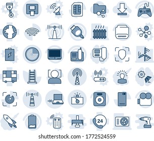 Blue tint and shade editable vector line icon set - antenna vector, radar, terrorism, notebook connect, ladder, earth, 24 hours, consolidated cargo, gamepad, tv, video camera, radio phone, speaker