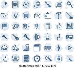 Blue tint and shade editable vector line icon set - candle vector, lollipop, calculator, graduate, shovel, boot, hoe, sickle, dropper, carrot, tooth brush, clock, chain, dollar exchange, money case