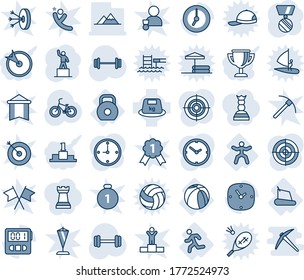 Blue tint and shade editable vector line icon set - pedestal vector, medal, barbell, bike, treadmill, run, gymnastics, basketball ball, weight, heavy, clock, stopwatch, target, mountains, award cup