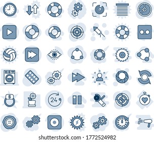 Blue tint and shade editable vector line icon set - 24 hours vector, firework rocket, christmas wreath, circle chart, stamp, pills blister, stopwatch heart, play button, fast forward, rec, record