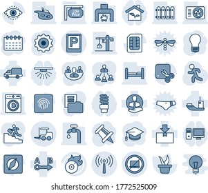 Blue tint and shade editable vector line icon set - antenna vector, parking, no laptop, fork loader, gear, graduate, drawing pin, bulb, calendar, seedling, run, client, sea shipping, car delivery