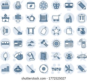 Blue tint and shade editable vector line icon set - trash bin vector, waiting area, baby room, garland, gloves, calendar, pencil, watering can, hoe, lemon slice, signpost, railroad, speaker, abacus
