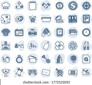 Blue tint and shade editable vector line icon set - parking vector, sign, globe, bell, handshake, notepad, shovel, hose, bench, pills, ampoule, patch, hospital bed, lemon slice, chain, coin, printer