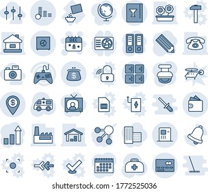 Blue tint and shade editable vector line icon set - credit card vector, checkroom, christmas calendar, growth statistic, office binder, pencil, doctor case, ambulance car, cereal, gamepad, bell, atm