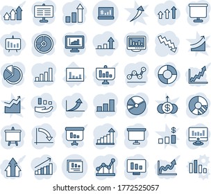 Blue tint and shade editable vector line icon set - growth statistic vector, presentation board, crisis graph, monitor, circle chart, statistics, report, account, bar, pie, point, arrow up, arrows