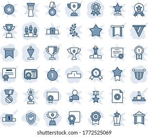 Blue tint and shade editable vector line icon set - pedestal vector, pennant, medal, sertificate, shield check, pennon, certificate, award cup, flag, golden branch, winner, win, gold, star