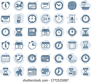 Blue tint and shade editable vector line icon set - 24 around vector, alarm clock, flight table, hours, phone, 25 dec calendar, 31, christmas mobile, heavy scales, stopwatch, account history, sand