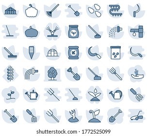 Blue tint and shade editable vector line icon set - job vector, garden fork, shovel, farm, rake, watering can, sproute, hoe, sickle, plant label, pumpkin, greenhouse, seeds, fertilizer, spica, hand