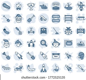 Blue tint and shade editable vector line icon set - trap truck vector, santa claus, sleigh, christmas elf, job, garden fork, shovel, lady bug, caterpillar, pond, bacteria, stomach, medical mask, hoe