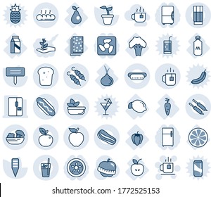 Blue tint and shade editable vector line icon set - tea vector, seedling, plant label, diet, apple, lemon, carrot, slice, sweet pepper, pear, onion, broccoli, milk, breads, fridge, drink, phyto bar