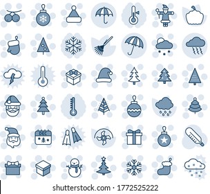 Blue tint and shade editable vector line icon set - umbrella vector, insurance, storm, christmas tree, gift, santa claus, sock, glove, ball, snowflake, snowfall, snowman, calendar, hat, rowanberry