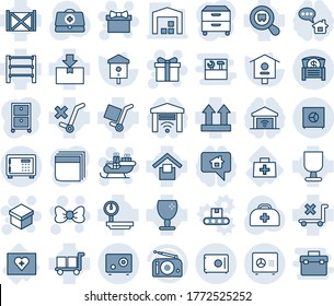Blue tint and shade editable vector line icon set - safe vector, gift, bow, santa sleigh, bird house, doctor case, first aid kit, bag, container, fragile, cargo, warehouse storage, up side sign