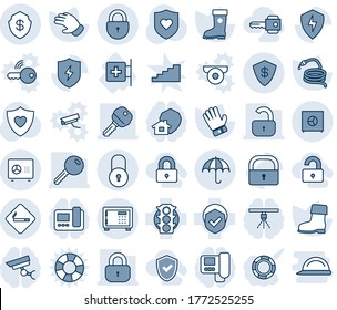 Blue tint and shade editable vector line icon set - smoking place vector, safe, lock, insurance, glove, boot, hose, heart shield, first aid room, traffic light, protect, key, locked, unlocked, check