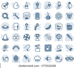 Blue tint and shade editable vector line icon set - pennant vector, statistic monitor, water drop, dropper, counter, lemon slice, onion, low battery, themes, brightness, music, dollar smile, copier