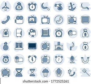 Blue tint and shade editable vector line icon set - alarm clock vector, phone, tv, abacus, money bag, sickle, video camera, microphone, call, encashment, fireplace, outdoor lamp, fridge, windmill