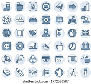 Blue tint and shade editable vector line icon set - hot cup vector, no laptop, right arrow, candle, growth statistic, team, boot, seedling, diagnostic monitor, meat, earth, support, client, reel