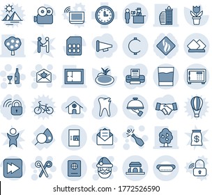 Blue tint and shade editable vector line icon set - safe vector, coffee machine, passport control, santa claus, wine, champagne, star letter, stick, flower in pot, pond, caries, blood test, clock